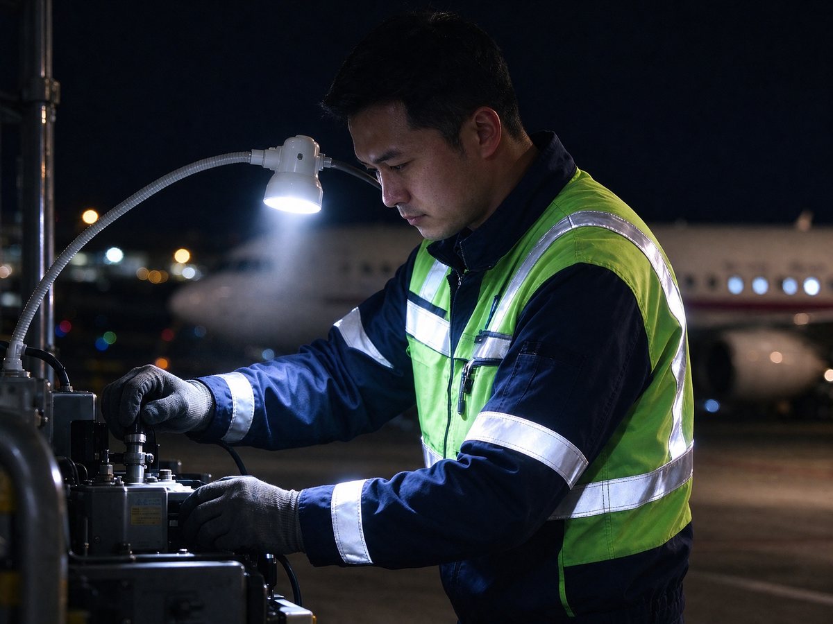 A line maintenance technician in a fluorescent yellow vest with retroreflective banding, on an airport apron at night