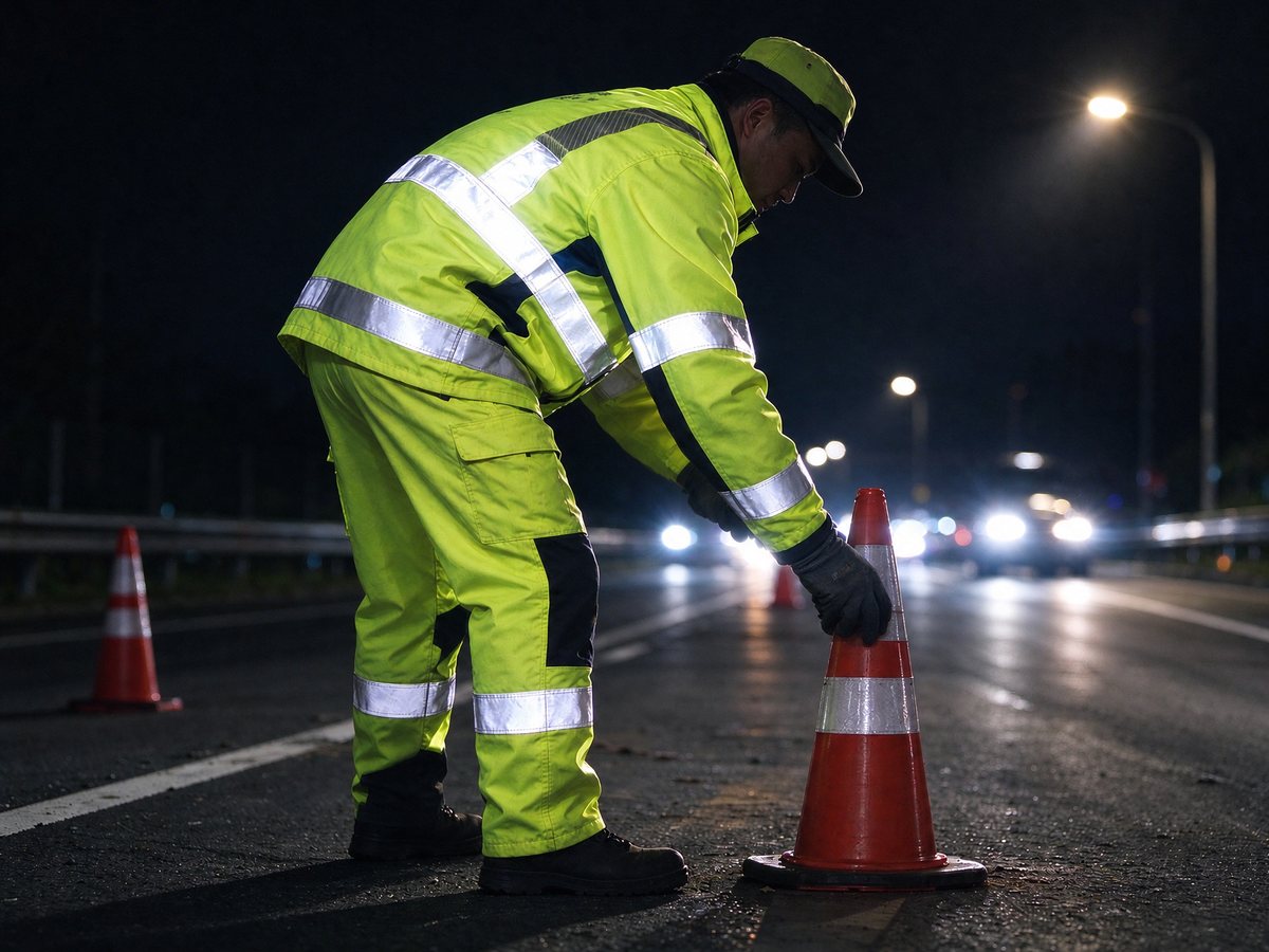 A road worker in fluorescent yellow high-visibility clothing with retroreflective banding, beside traffic cones at night