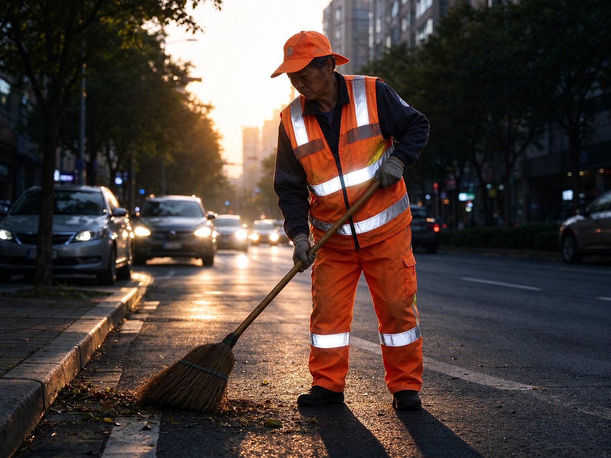 A street maintenance worker in an orange high-visibility vest and trousers with retroreflective banding