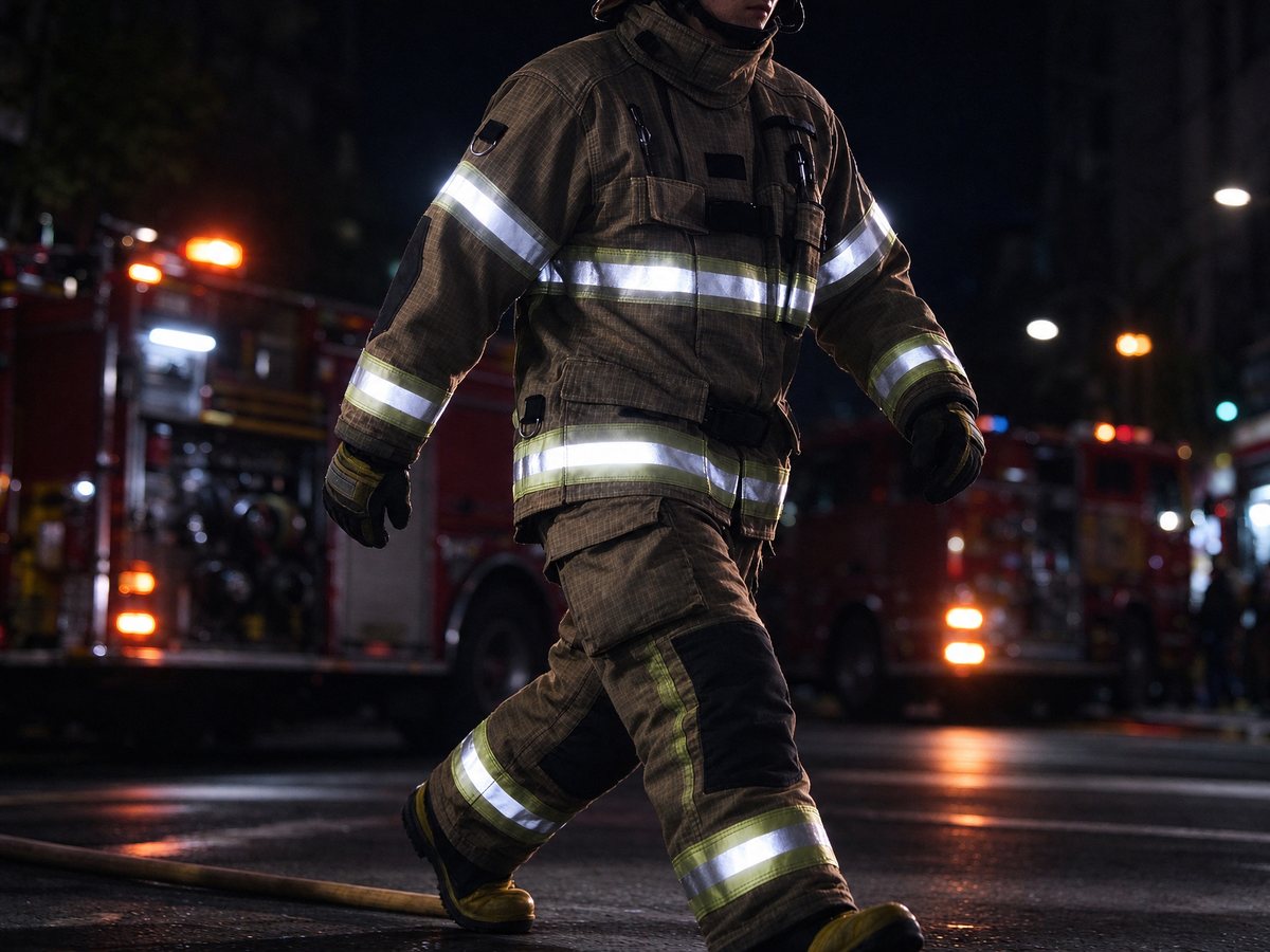 Reflective trim on a firefighter turnout coat in night operations, with a fire engine behind