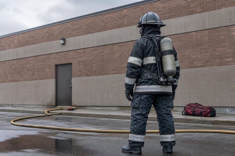 Firefighter in structural turnout gear and breathing apparatus