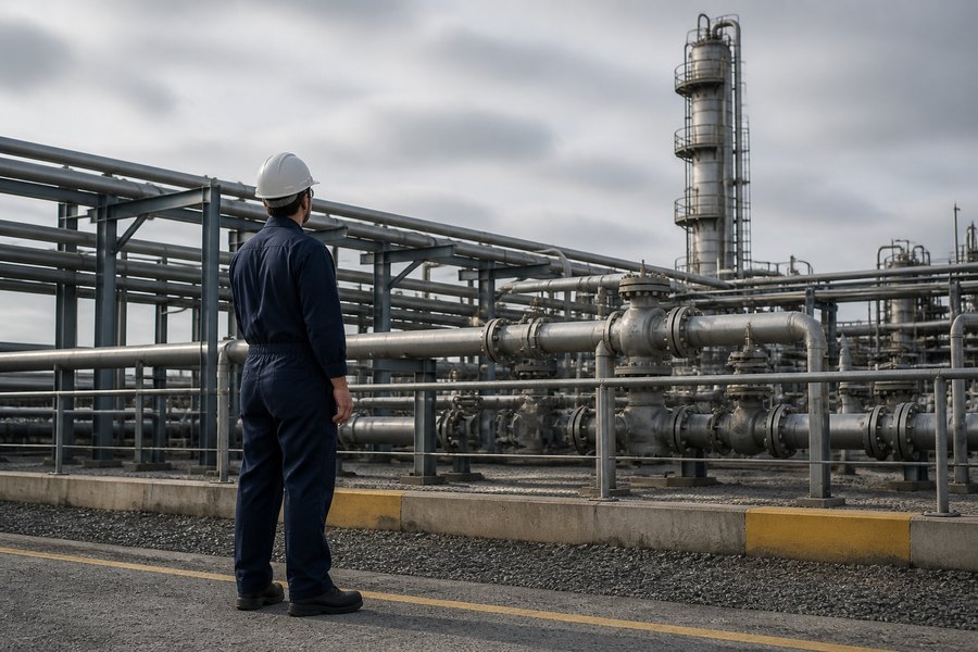 Worker in flame-resistant coveralls at a petrochemical plant