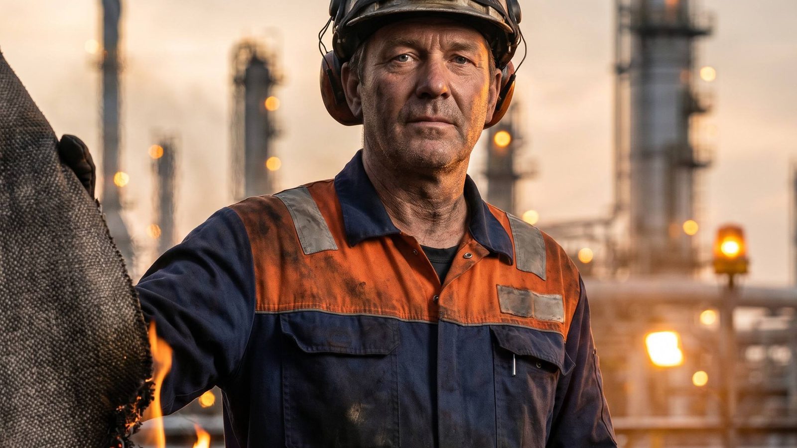Worker in flame-retardant coverall made from aramid fabric