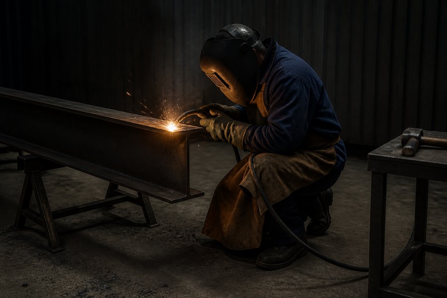 Welder working a heavy steel fabrication