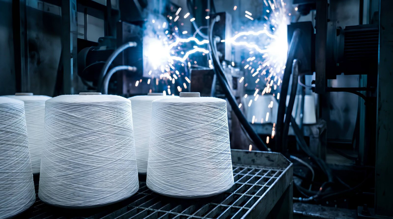 Aramid yarn cones on the spinning floor